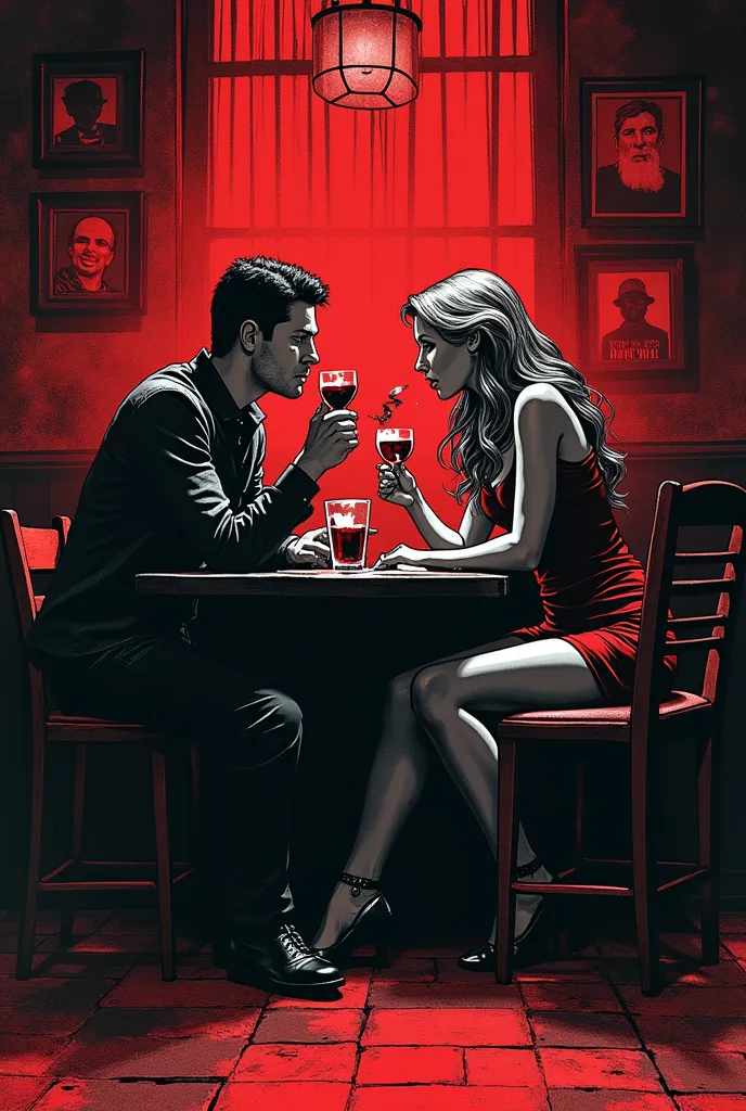 the first page of a comics book about a man and a woman, serial killers, sitting in a table in a smoky vintage bar, murders, vic...