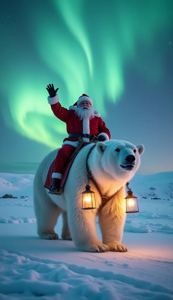 santa claus riding a massive, majestic polar bear across a snow-covered tundra, under a vibrant display of northern lights in th...