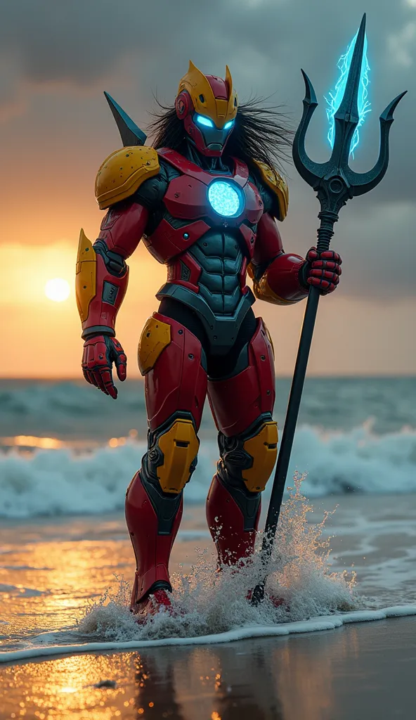 a legendary hero who combines technology and the power of the oceans stands on the same desolate beach at dusk. he wears red and...