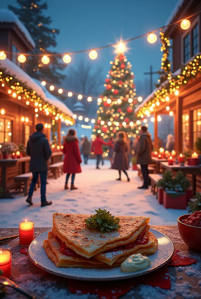 a christmas party outside in the snow with lots of christmas decorations and a very large christmas tree and people dancing and ...