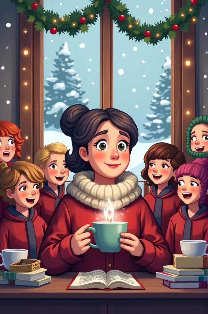 pixer-style poster of a 45-year-old woman drinking coffee with a christmas choir with the name of andrea,