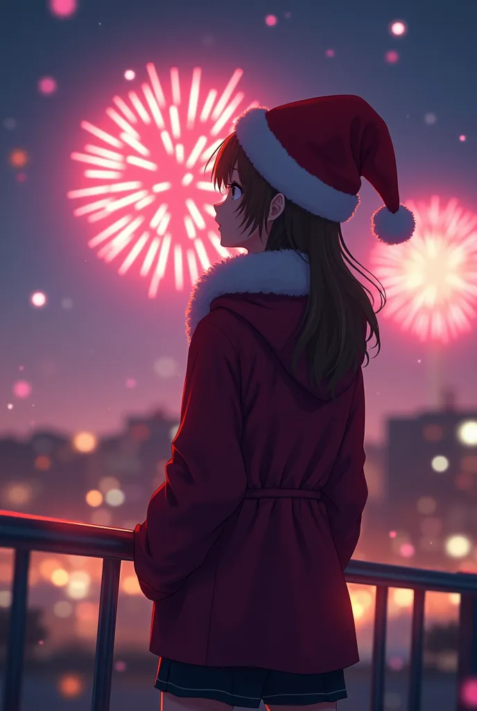 woman wearing santa hat watches fireworks,  anime style 4 k, 8 k artgerm bokeh, deviantart artstation cgscosiety,  guweiz artwor...