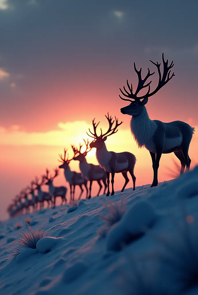 a row of reindeer in the sky formed waiting for santa