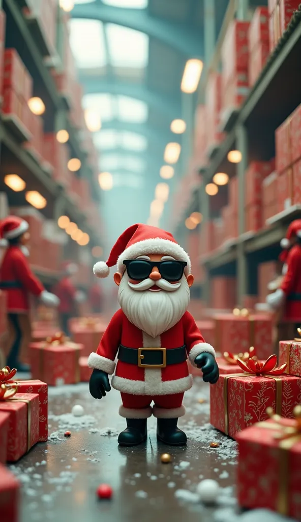 little santa claus wearing sunglasses tours the christmas factory、gifts are being carried 、 real