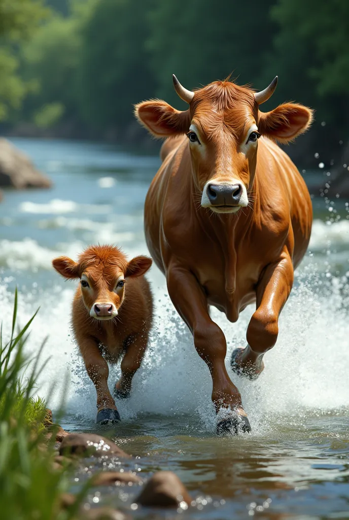 cow calf following his mother to run across a river