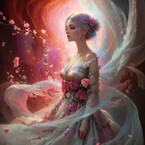 a woman in a dress with flowers and flowing fabric, beautiful fantasy art,  ethereal beauty ,  beautiful digital art work, lady ...