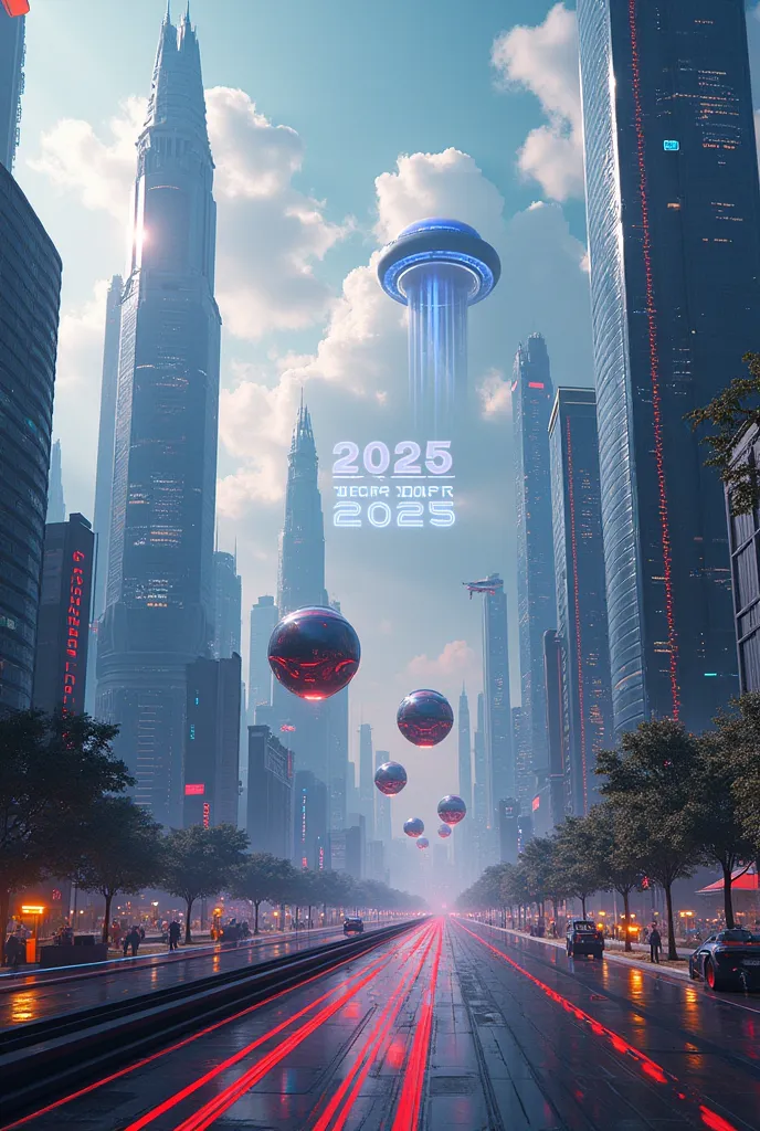 a futuristic cityscape with flying cars and glowing buildings, with a holographic "happy new year 2025" floating in the air, sym...