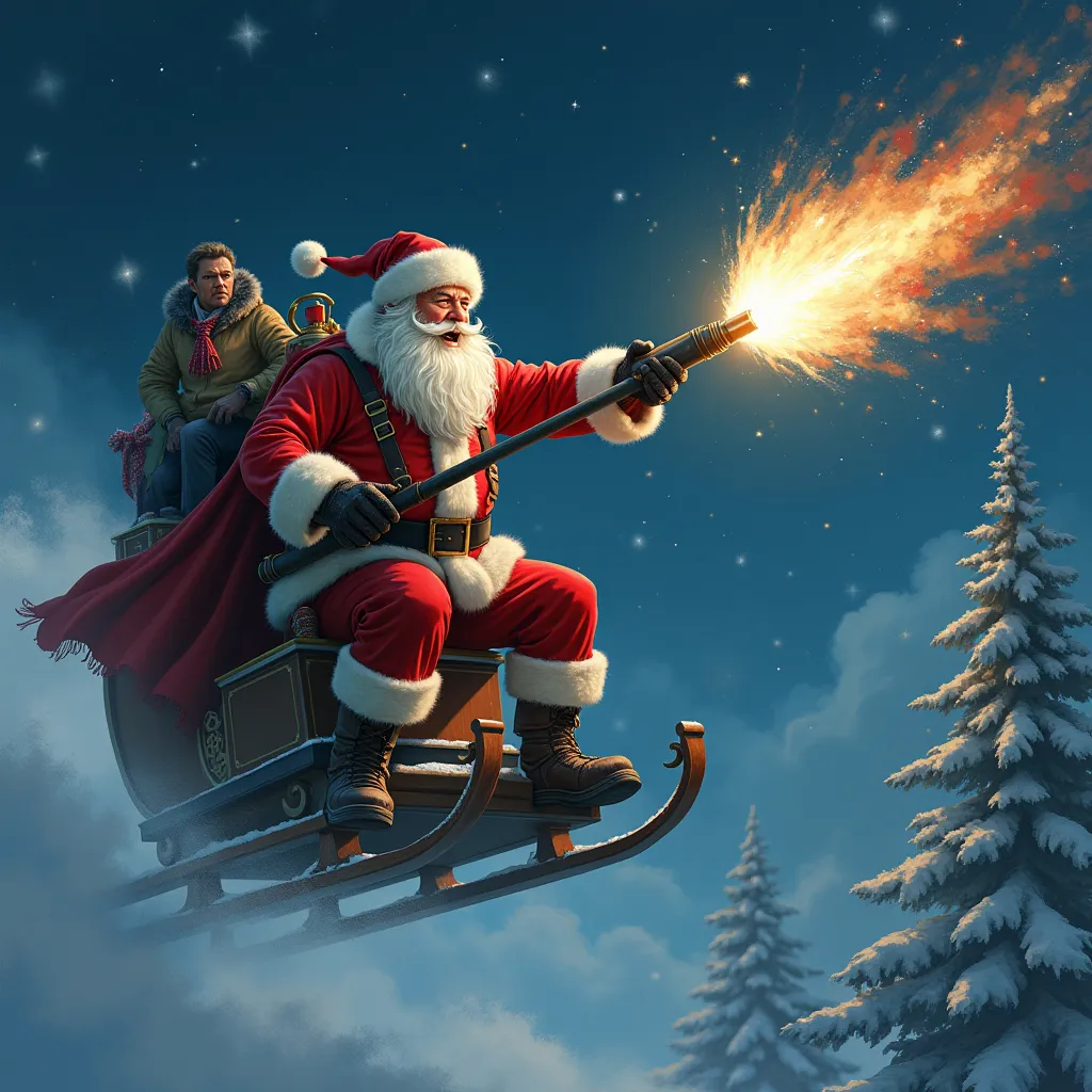 masterpiece,best quality, santa claus, an old man with gray hair, a fine white beard, night sky, standing on a flying sled, firi...