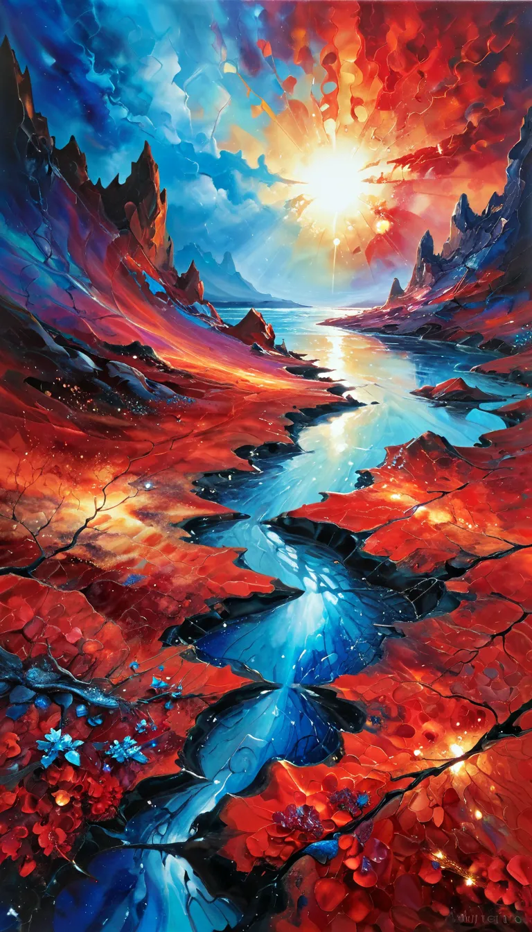 stunning nature landscape, canvas amazing composition, oil painting of canvas amazing composition, in the style of red and azure...