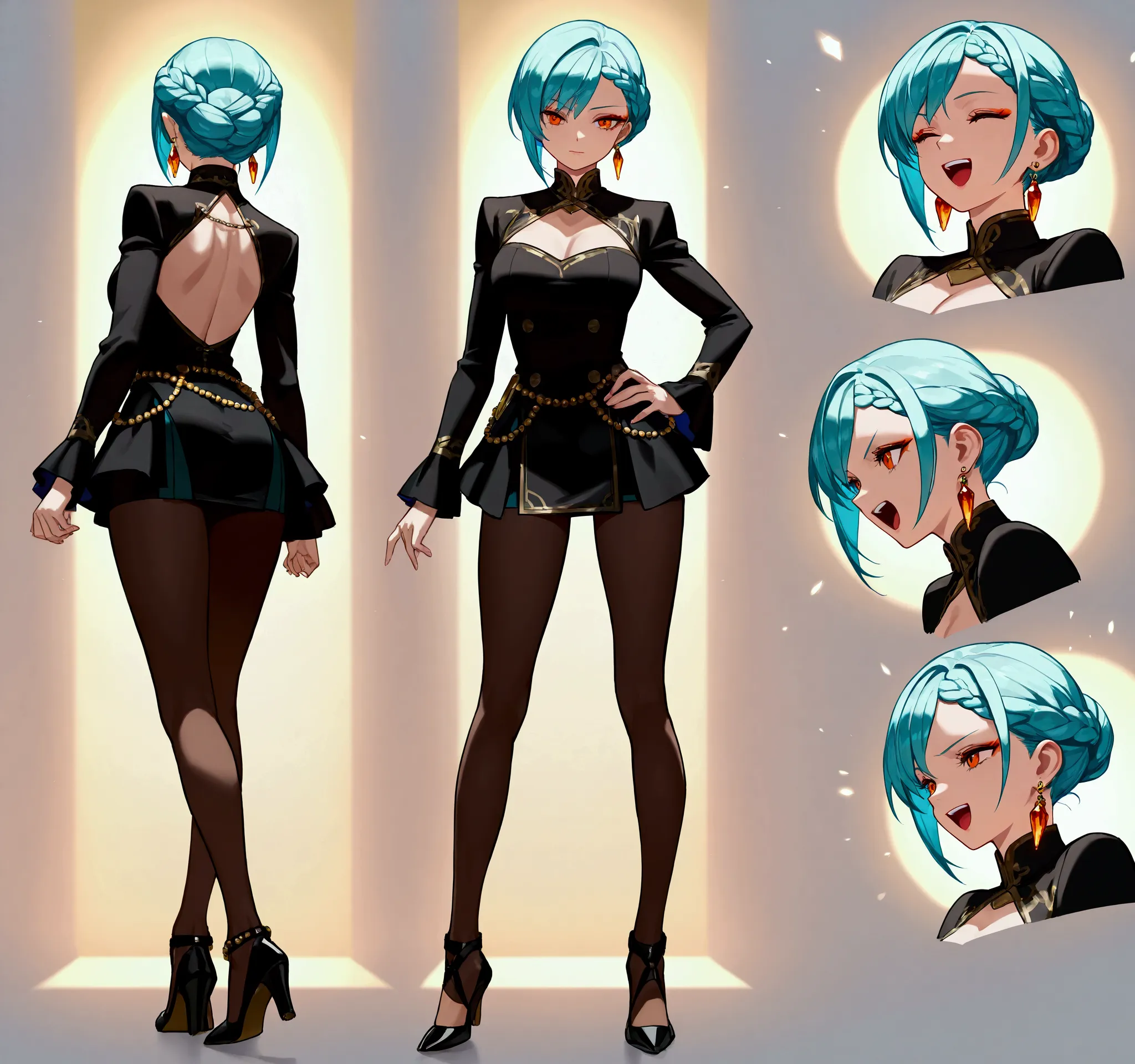 1girl, character sheet:1.2, (best quality), 8k, masterpiece, aqua hair, short hair, braided bangs (hairstyle), calm, break, oran...