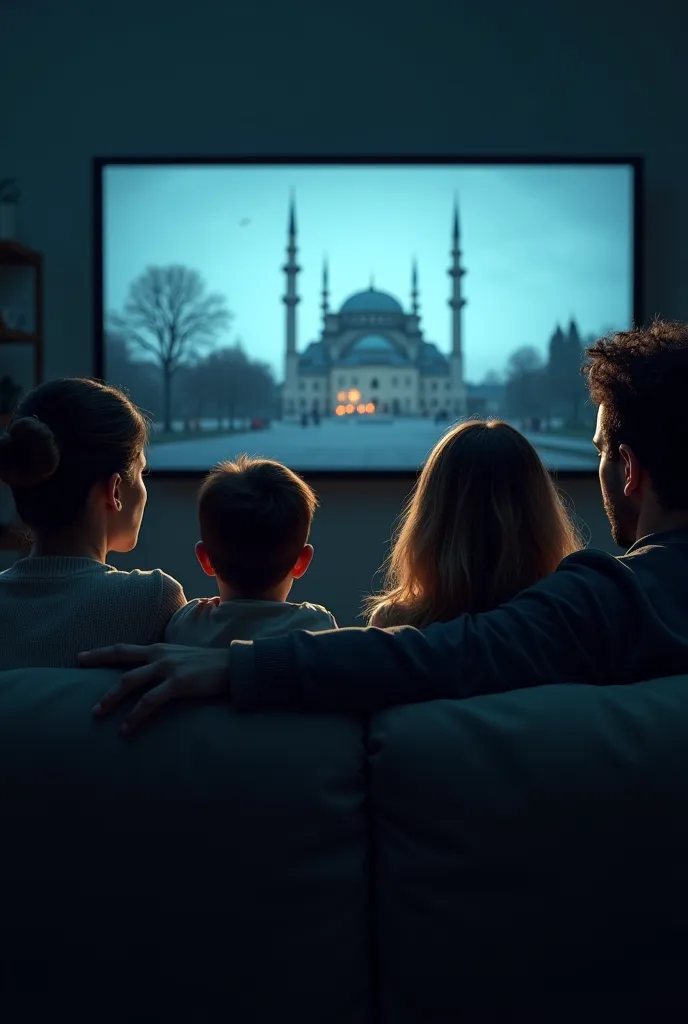 a german family sitting in front of the television .  you can see them from the side and also their faces .  they look at the te...