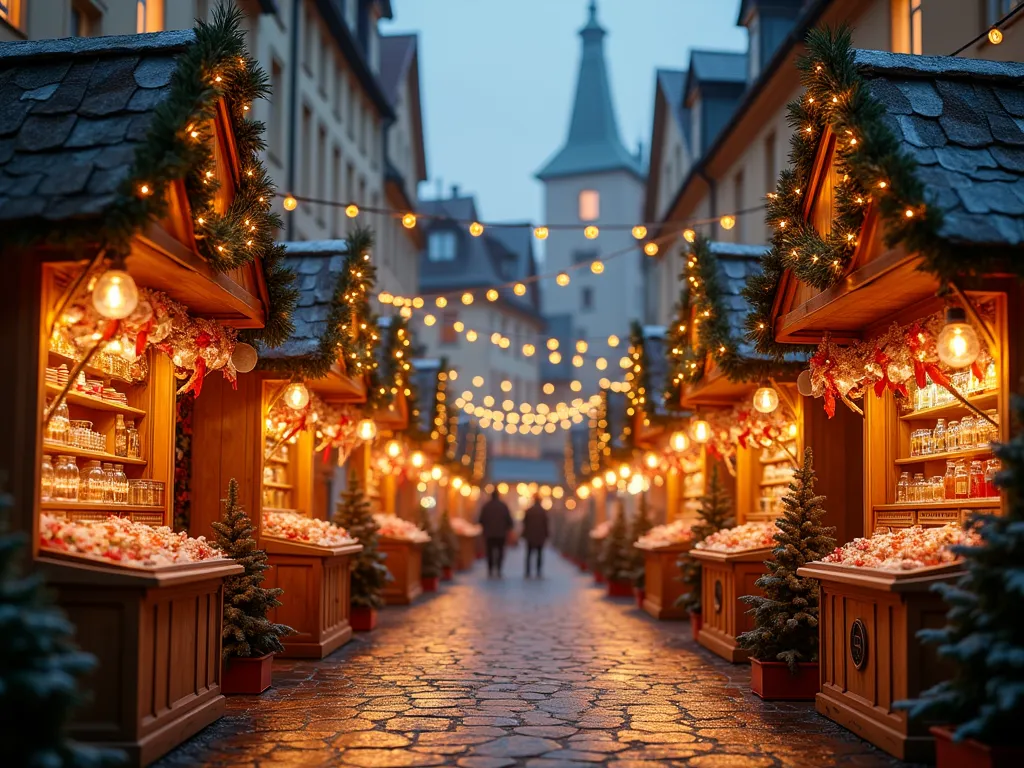 christmas market, front view,  no characters, ambiance chaleureuse,  warm light , quelques décorations de noël, ultra detailed