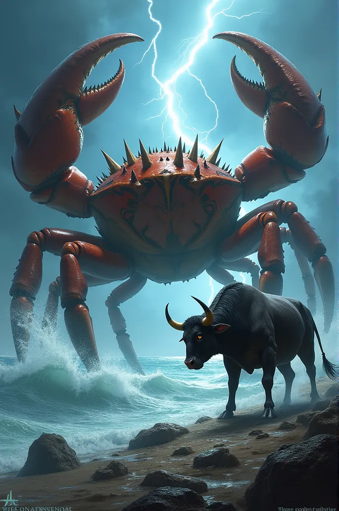 a dramatic scene featuring a massive, armored crab and a powerful, muscular bull facing each other in an intense standoff. the c...