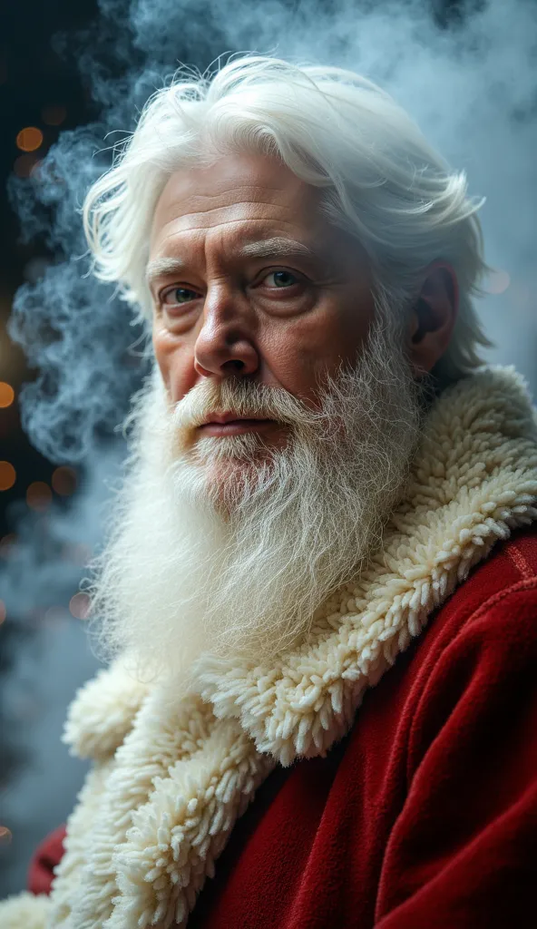 depict a surreal and mesmerizing vision of santa claus, his form softly fading into light fog and mist. santa is looking directl...