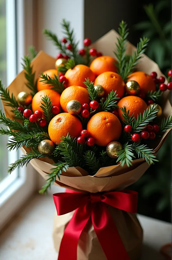 a detailed prompt for the image:  

"a festive christmas bouquet made of fresh, vibrant mandarins, arranged elegantly with green...