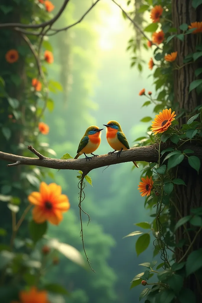 a pair of tiny birds sitting on the edge of a thin branch in a dense jungle, surrounded by vines and flowers."