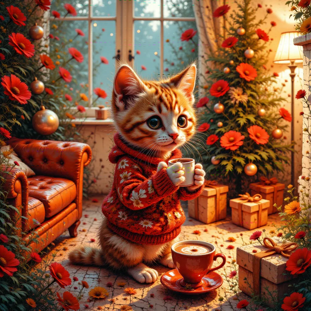 highly detailed dynamic shot of a majestic, adorable baby cat in a cozy christmas living room, drinking from a tiny festive cup ...