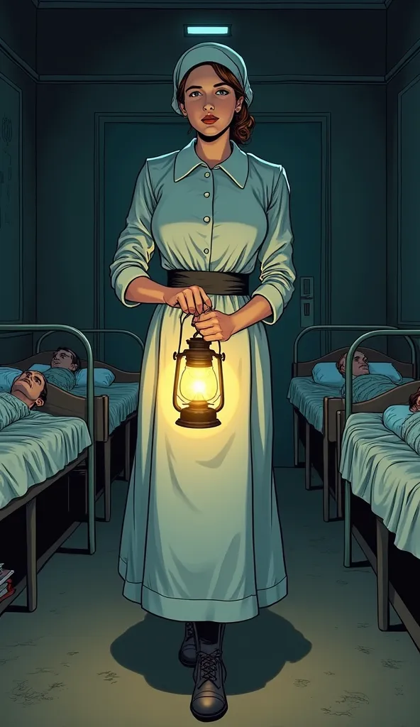 a heartfelt comic-style portrayal of florence nightingale, walking through a dimly lit hospital ward, holding a lantern that cas...