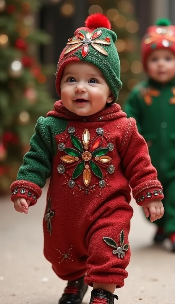 two newborn babies chubby italian smiling parades ,  the baby wears a christmas outfit in the colors red and green made of diamo...