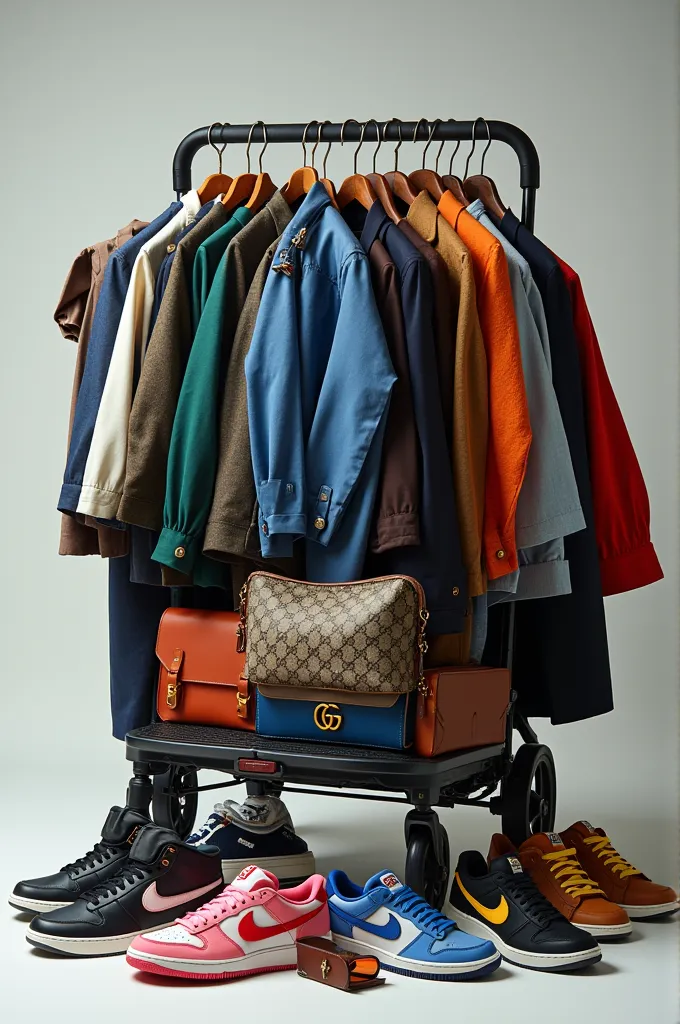 create an image of a stroller filled with men's clothing and sneakers from nike and accessories from gucci