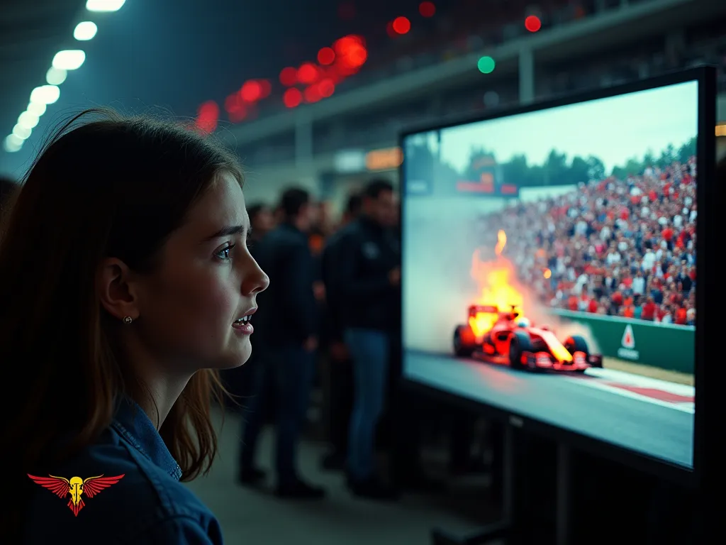 "a dramatic split-screen scene at a formula 1 race. on the left side of the screen, a  girl is sitting among the audience, her f...