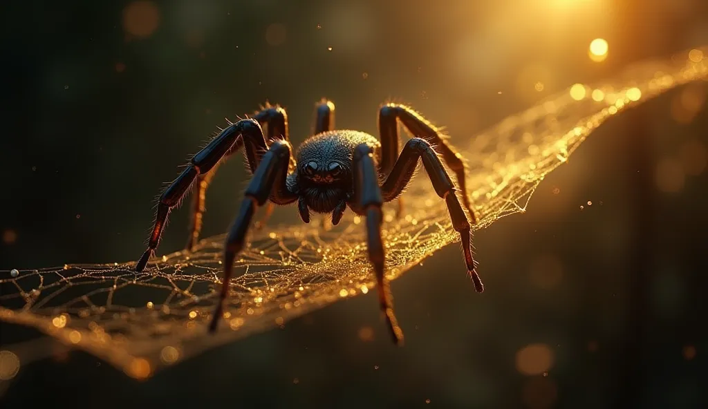 a spider standing on a piece of a golden web floating in the air