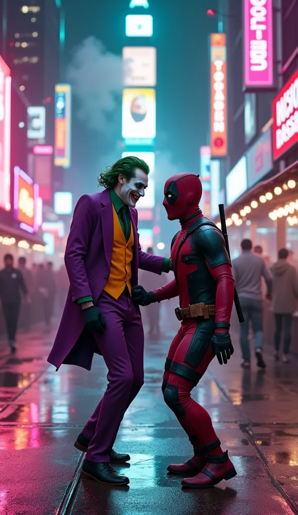 " create a highly detailed 4k image of joaquin phoenix's the joker and deadpool dancing together in the heart of a futuristic cy...