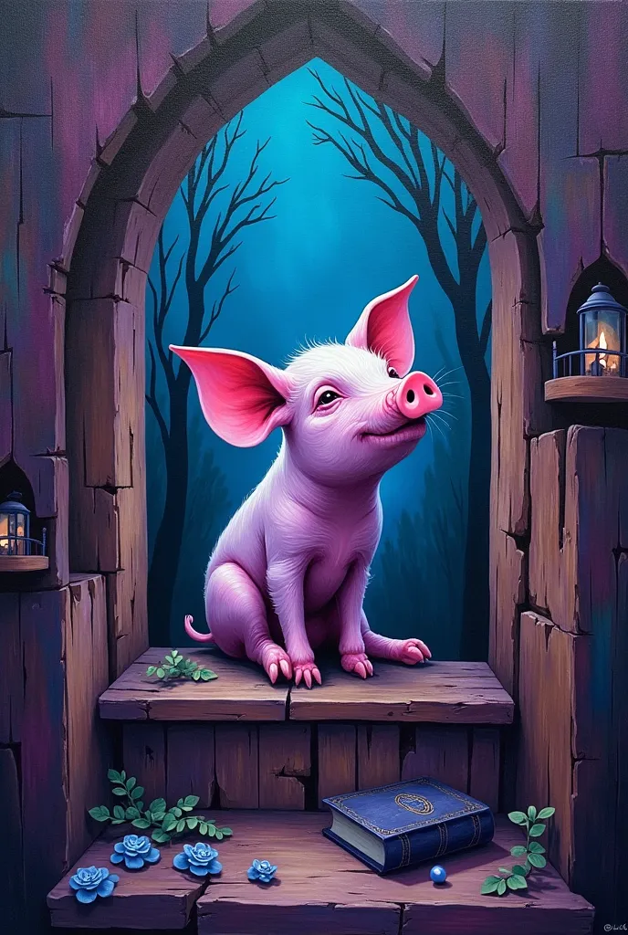 style gotic little pig fragmented violet and blue painting a book on a castle made of wood