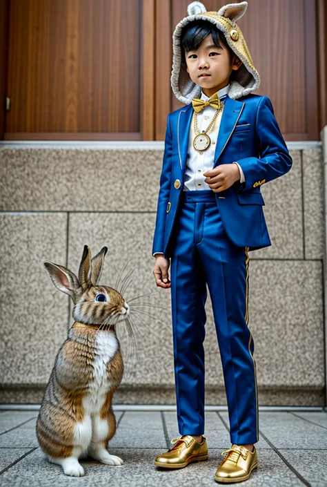 a  korean boy wearing a rabbit tiara , a blue suit with gold details ,  a blue shoe with rabbit feet and a furry hood on the bac...