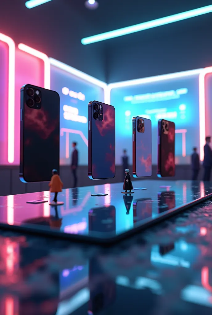 iphones 15 levitating on a glass table with futuristic neons in a room with colored leds and just above a sign with the name top...