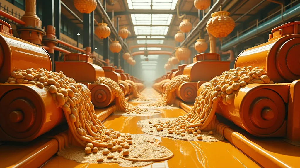 inside a magical peanut butter factory, the air is filled with the sweet aroma of roasted peanuts and creamy peanut butter. gian...