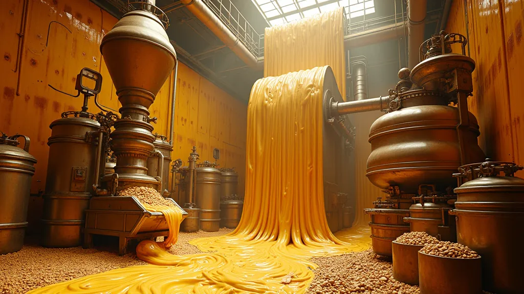 a whimsical, larger-than-life peanut butter factory, filled with swirling rivers of golden, creamy peanut butter that cascade do...