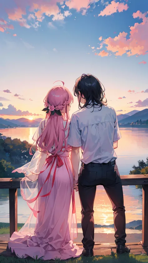 a romantic couple seen from behind, sitting side by side on a hilltop, looking at a beautiful scenic view during sunset. the lan...