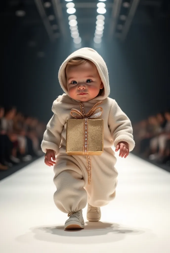 create a picture of a baby on a runway . it is wearing an outfit that looks like a gift