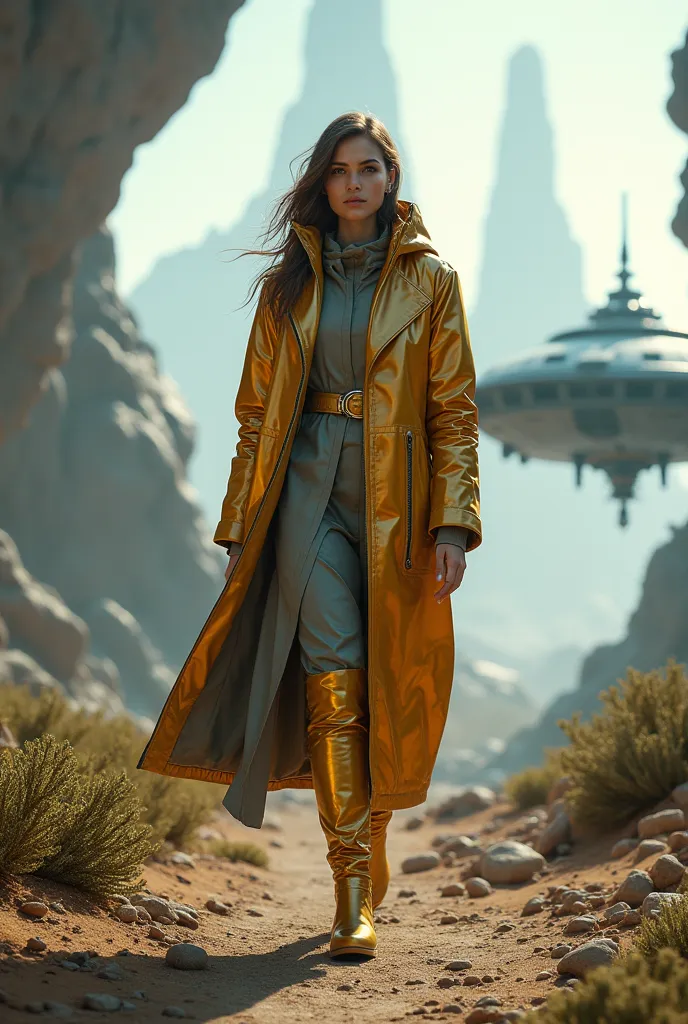 woman in spaceship in steel raincoat with golden 
high boots full body shot on an alien planet with spaceships