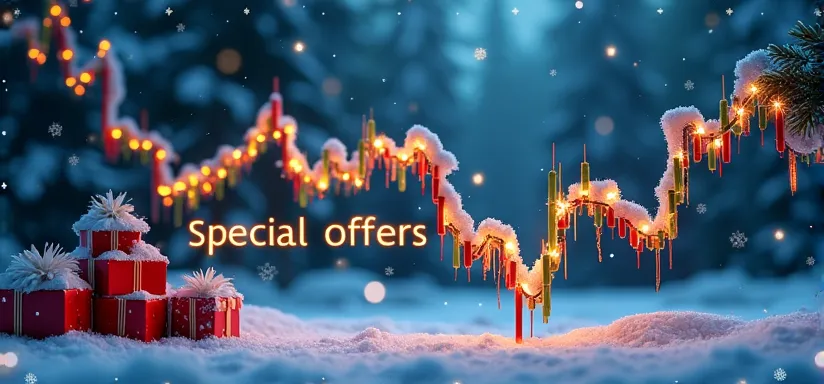 a festive banner featuring a snow-dusted trading chart with christmas lights wrapped around the lines, gifts stacked near the ax...