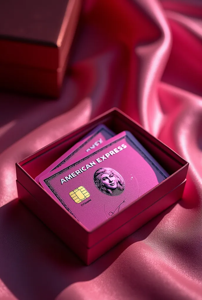 a luxurious gift box with several american express metal credit pink cards. and in front by: tentación femenina. with purple let...