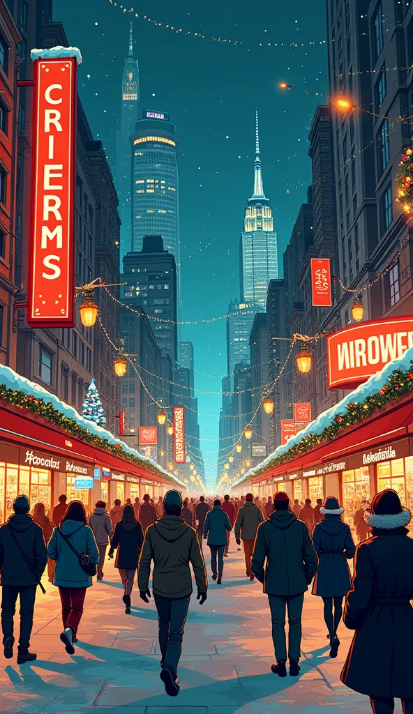 comic book art style picture of a bustling city with christmas lights and people hurrying shopping.