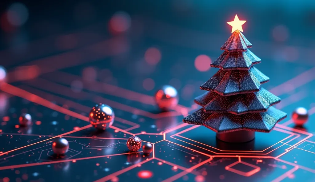 christmas and new year banner in computer tech style. isometric christmas tree with decoration balls. digital technology busines...