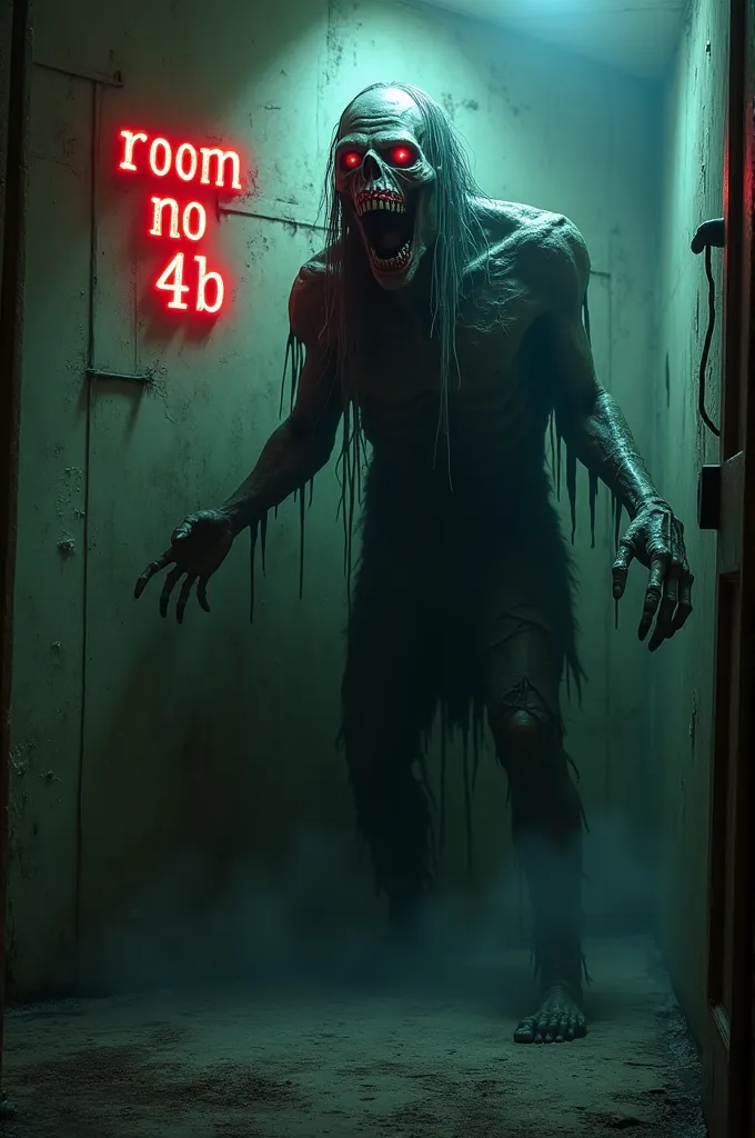 a horrible zombie spirit in the haunted room and also write "room no 4b" in red and white