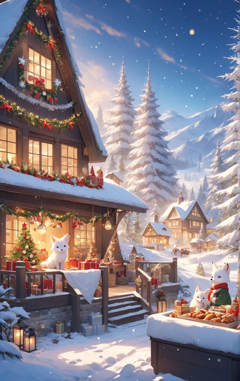 masterpiece:1.2， top quality，    high definition   ，8ｋ，   christmas illustration，  christmas winter scenery ，christmas food  ，  ...