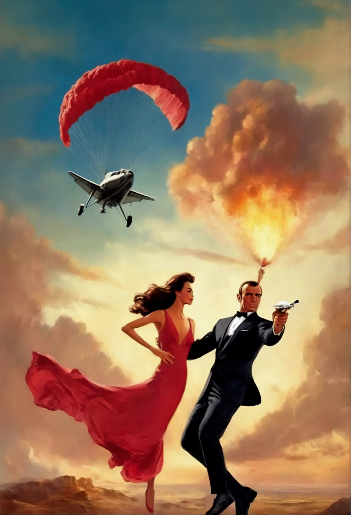 james bond (sean connery age 40 in his prime, dapper suit) has leapt from a plane and is assuming a calm controlled sky dive, he...