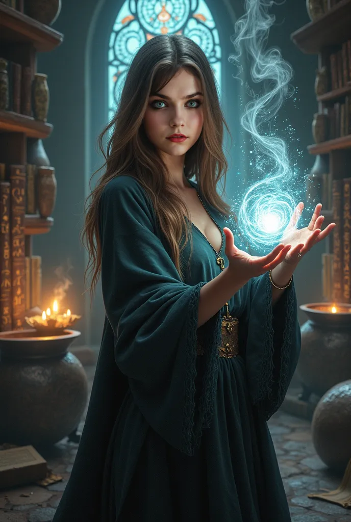 create an image similar to the one i'm sending you, that the witch is a brunette with straight hair