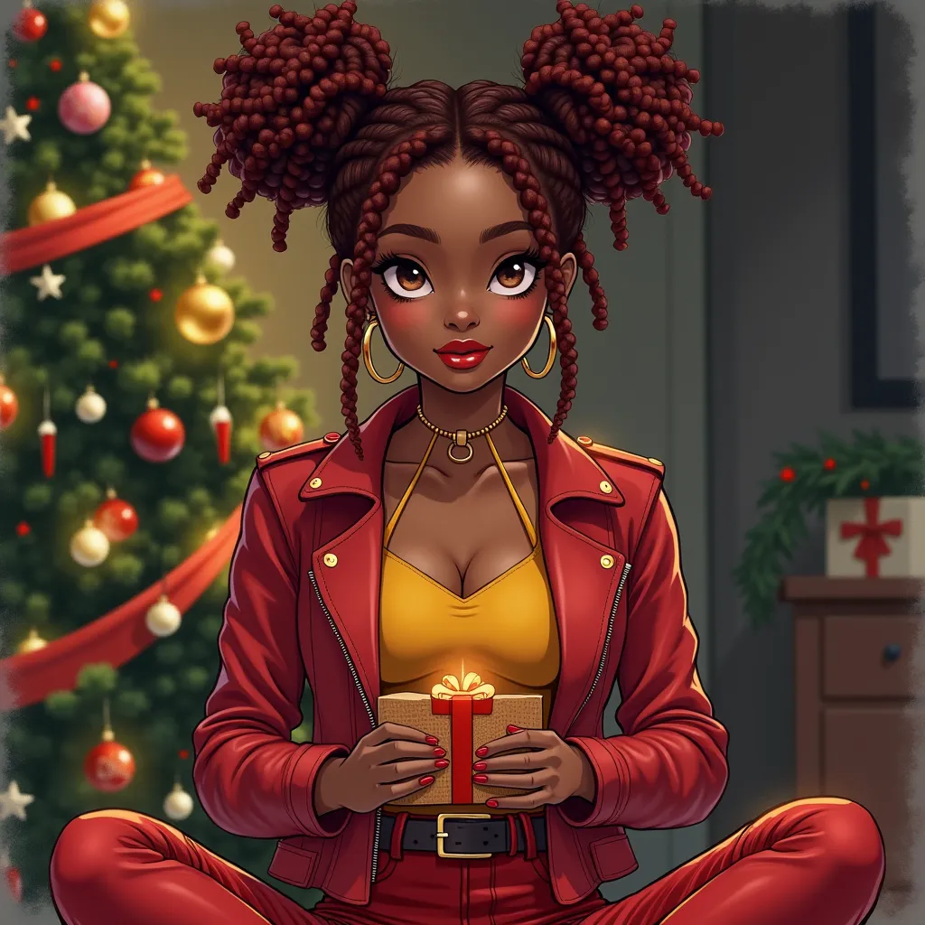 medium close up protrait of black woman, wearing a red leather jacket over a yellow halter top and red jeans, crimson weave brai...