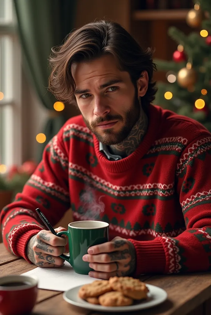 man.  brown hair .  brown eyes . tattoos. christmas sweater.  christmas mug in hand. write a letter .  cookie plate on the table...