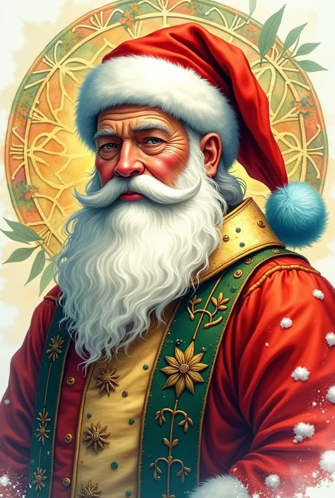 this image portrays a colorful and artistic depiction of santa claus, blending traditional christmas elements with a creative, w...