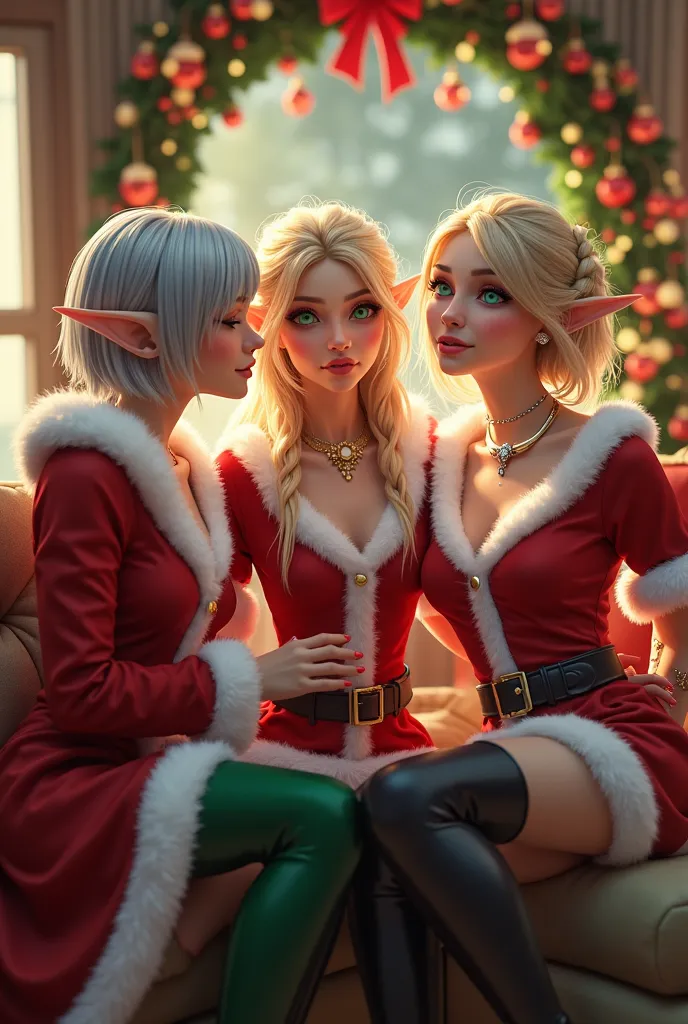 super realistic illustration, detailed fantasy art, cinema 4d rendering, 3 cute lady, full body, 3 elven ladies are enjoying the...