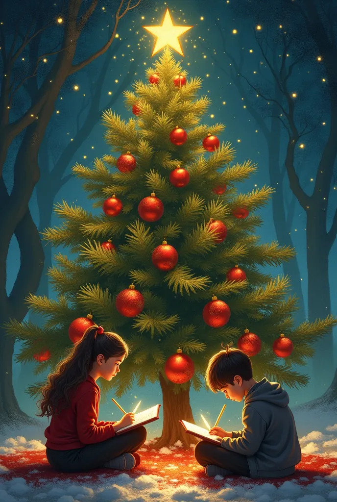 a christmas tree with red balls and a big star on the top, under the tree there is a young woman writing in a book and a young m...