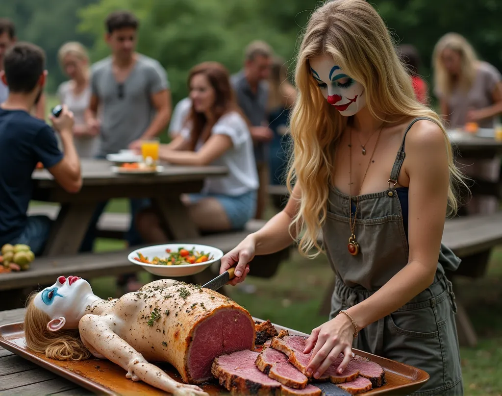 an attractive female with long blonde hair wearing clown makeup head attached to a cooked, sliced and separated torso, flat on h...