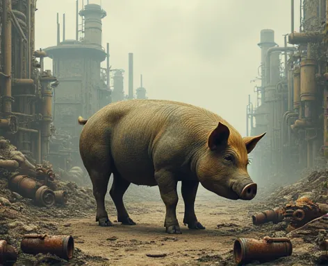 a pig grazing in a worn down, dystopian field, strewn with mechanical parts